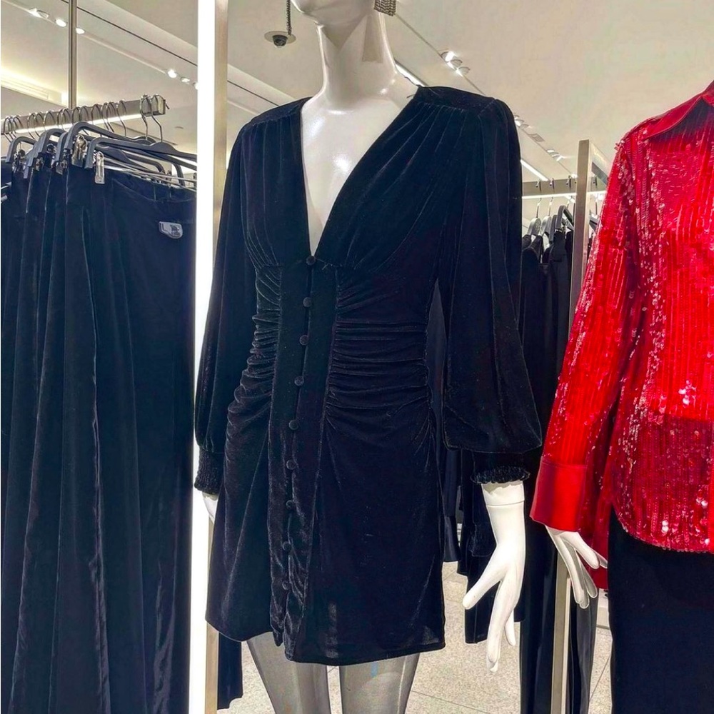Zara Black velvet long sleeve bottoms down dress